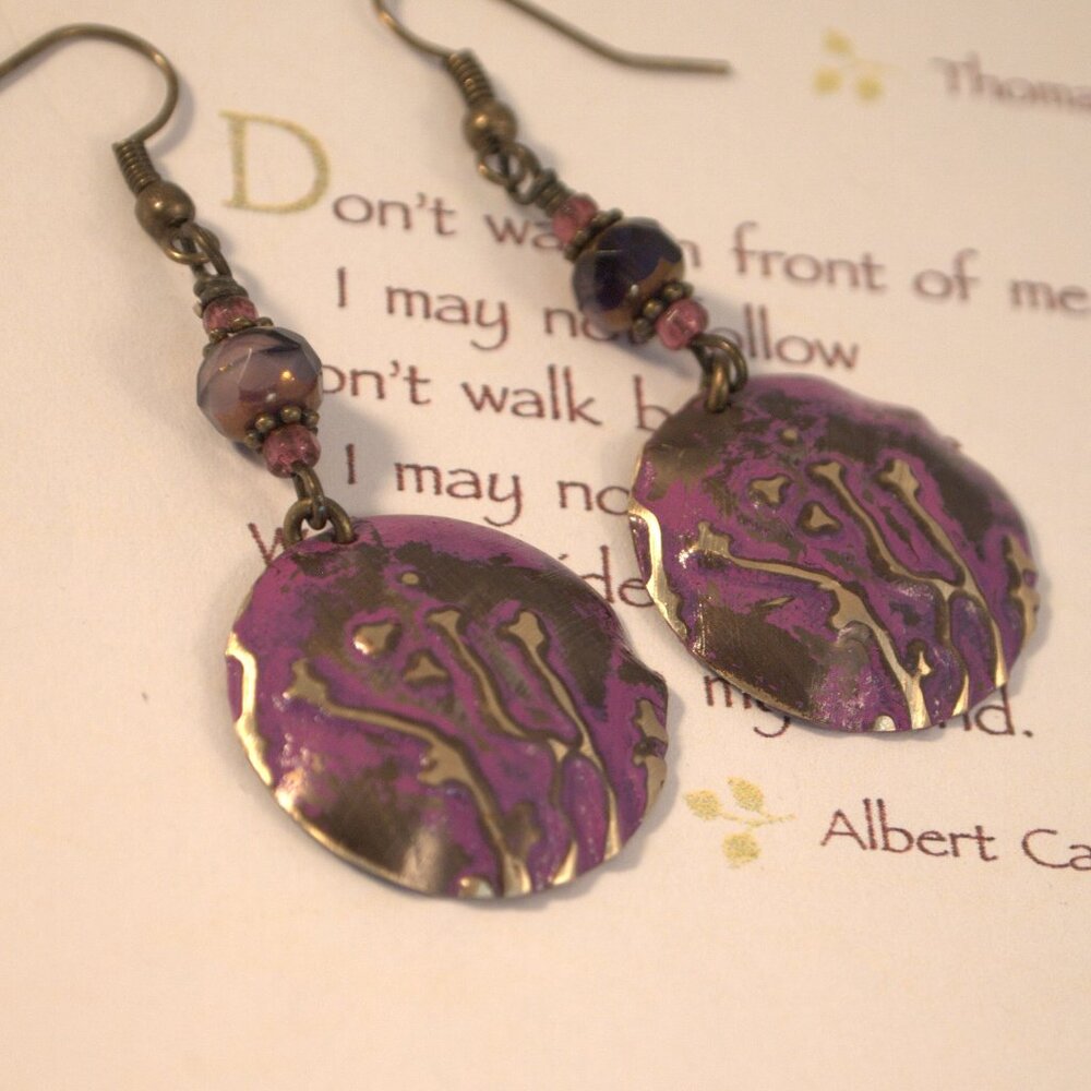 Brass Hand Embossed Earrings Purple Czech Glass Earrings Patina Brass Earrings